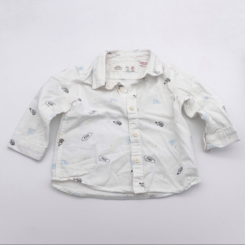 Zara Baby Boy White Graphic Button Up Shirt 3-6 Mo